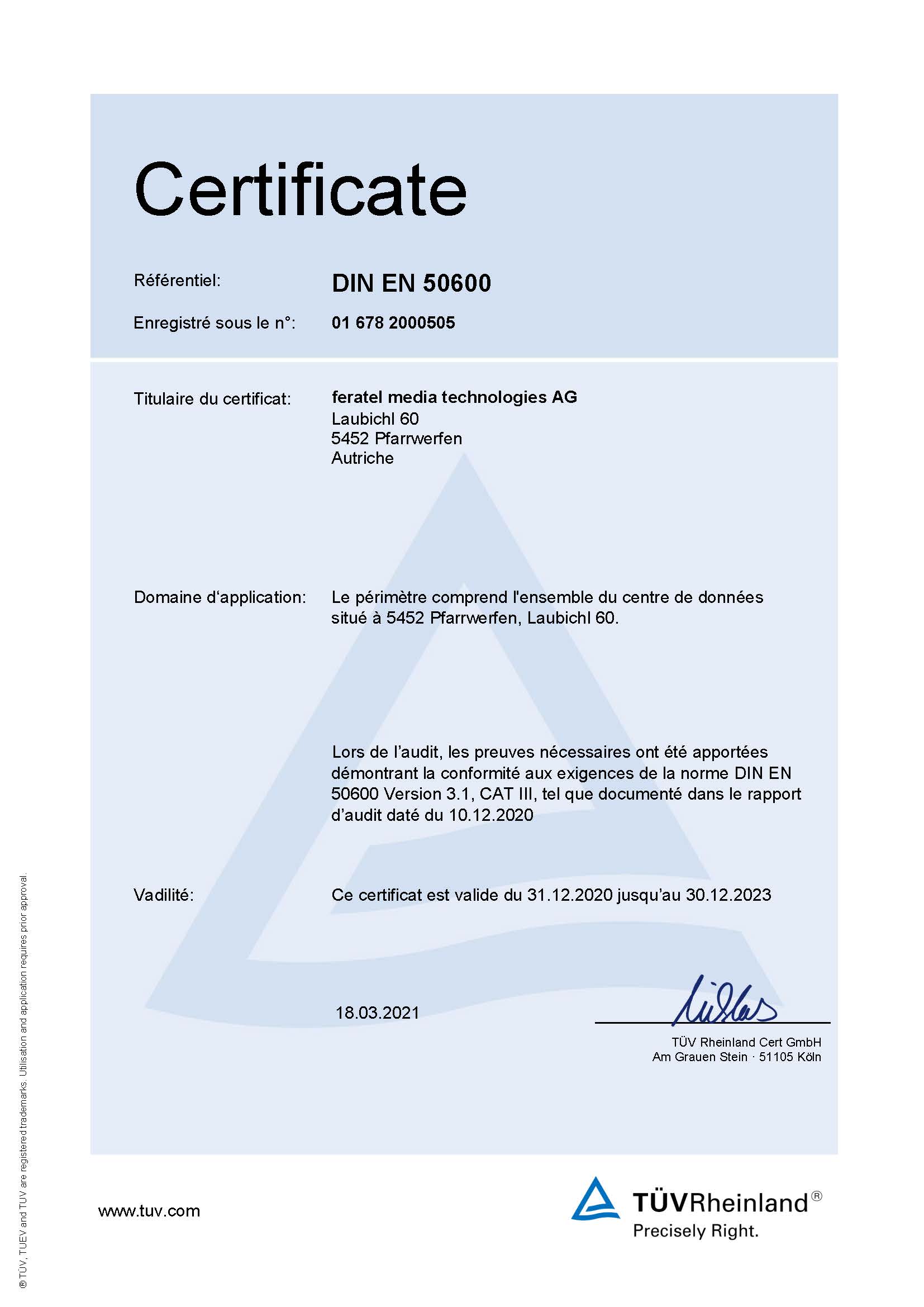  certificat DIN EN 50600